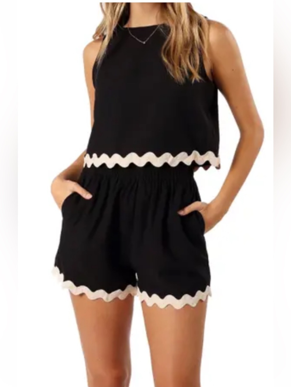 Black Two-Piece Cropped Tank and Shorts Set with Cream Trim